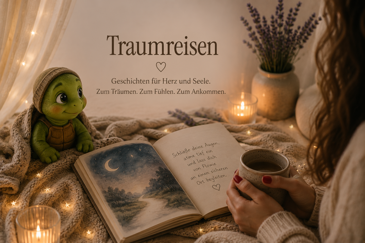 Ugnis die Schildkröte mit aufgeschlagenem Traumreisen-Buch, Kerzenschein und Lavendel