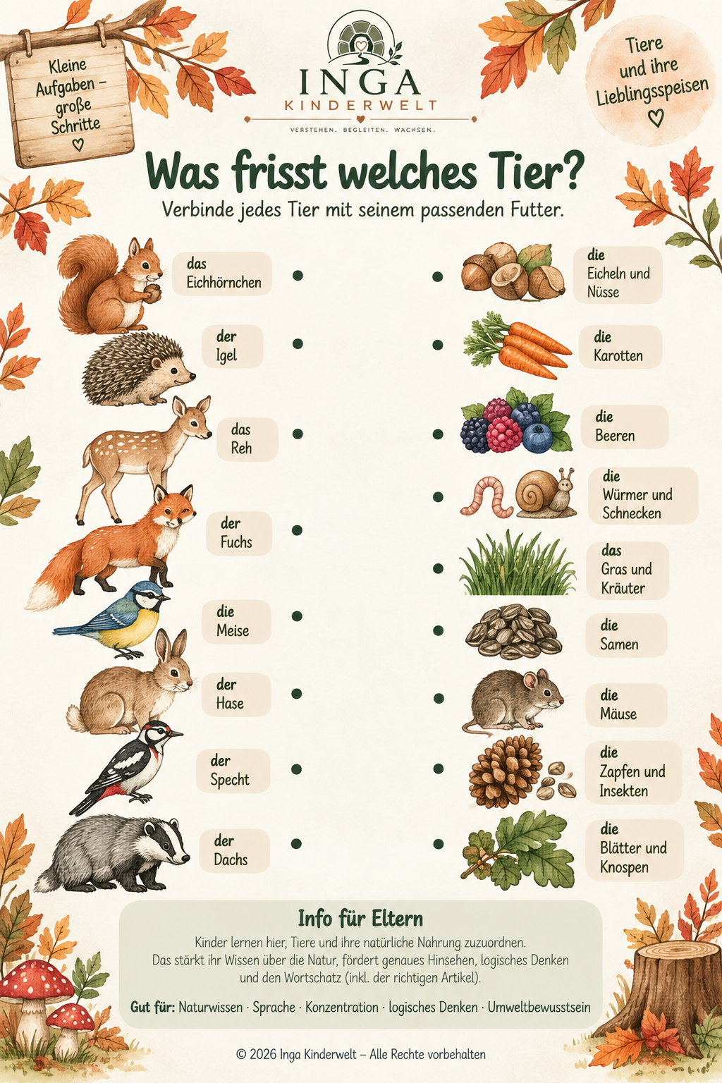 Zuordnungsblatt: Was frisst welches Tier? – Tiere mit Futter verbinden