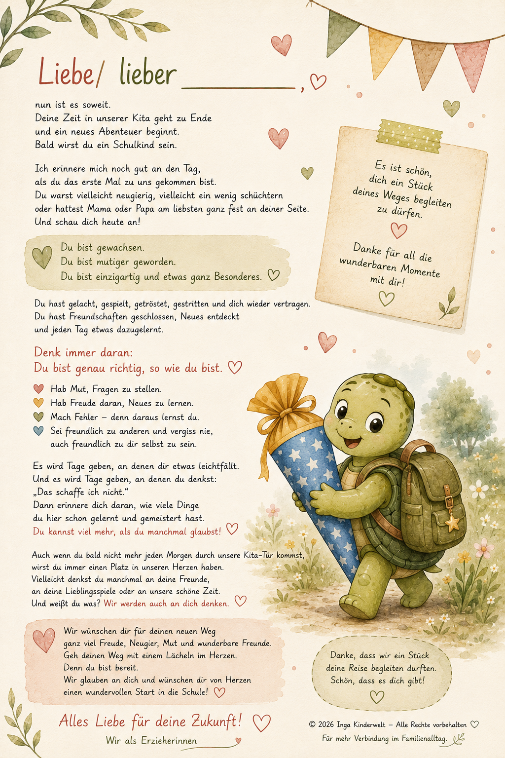 Abschiedsbrief für Kita-Kinder mit Schildkröte und Schultüte